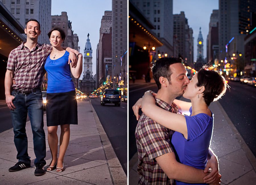 photography of engaged couple on Broad Street Philadelphia, city hall in background