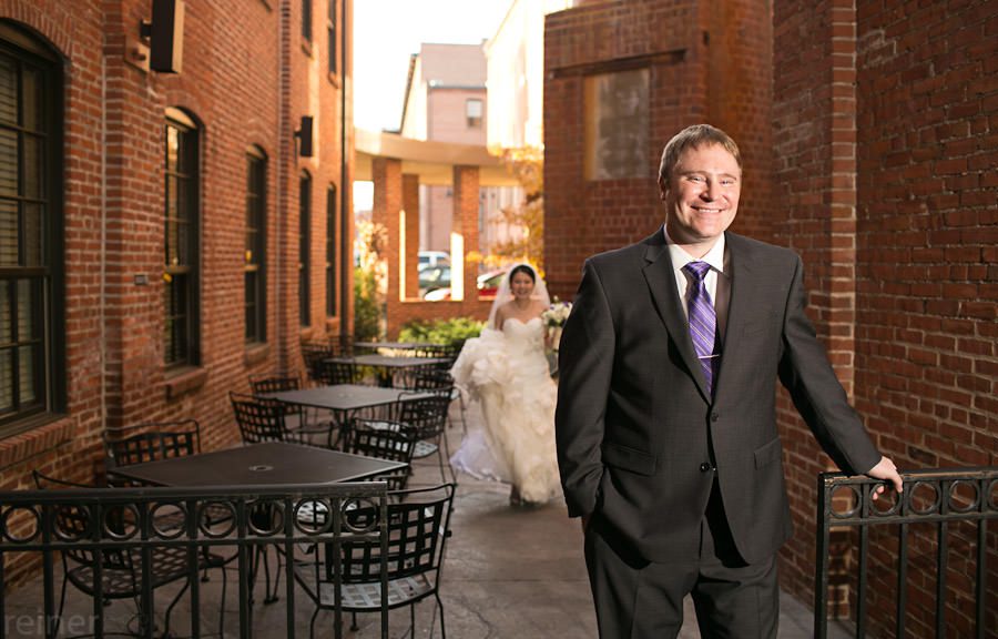 Cork Factory Hotel in Lancaster PA wedding first look first look before wedding ceremony, outside the Cork Factory Hotel in Lancaster PA