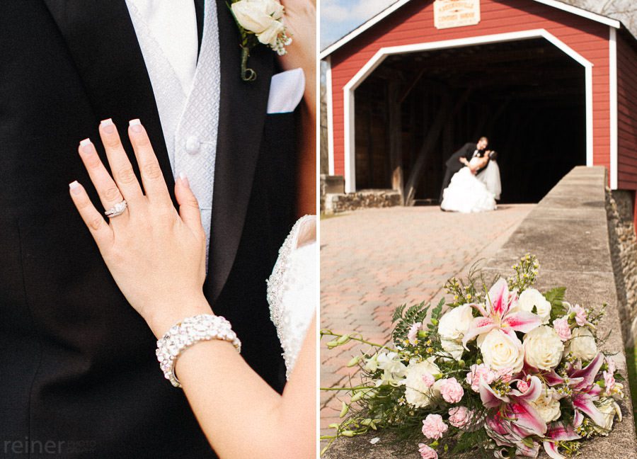 bride and her groom at Kriedersville covered bridge in Northhampton PA - Allentown PA wedding photos by Reiner Photography