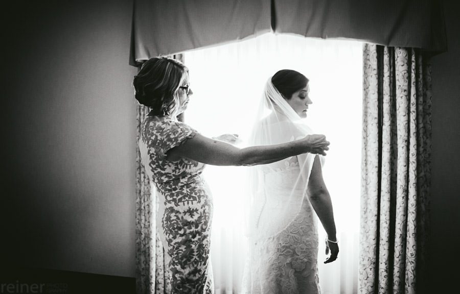 bride getting ready - black and white photo 